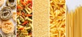 Collage with various types of uncooked pasta texture Royalty Free Stock Photo