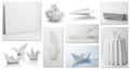 A collage of various white-themed objects and scenes. Includes a blank canvas, crumpled paper, Royalty Free Stock Photo