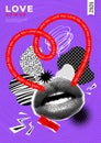 Collage vector poster with halftone mouth, grunge elements and love symbols. Trendy magazine style. Creative banner with