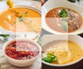 Collage of vegetable soups. Vegetarian food. A variety of cream soups. Free space for text