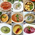 Collage of vegetable soups. Vegetarian food. A variety of cream soups