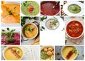 Collage of vegetable soups. Vegetarian food. A variety of cream soups. Menu cover. Free space for text