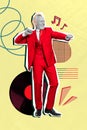 Collage vertical creative photo full size elder retired funky man dancing party retro style vinyl plate clubbing party