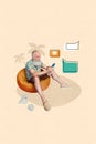 Collage vertical 3d pop poster image of happy retired man sit bean bag relax resort abroad chatting friends isolated Royalty Free Stock Photo