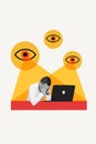 Collage vertical of depression irritated working man hands head hackers spying eyes looking his private files isolated Royalty Free Stock Photo