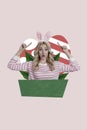 Collage vertical image of attractive pretty cute woman wear ears headband easter day pashcal symbol isolated on drawing