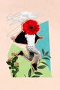Collage vertical picture of funky unknown unusual guy running hurrying seasonal shopping isolated on drawing background