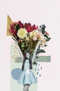 Collage vertical sketch of cheerful smiling happy woman enjoying spring season march event isolated on drawing