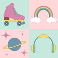 Collage with 1970 vibe sign. Pink roller skate, rainbow, planet and earphone on pastel background. Psychedelic trendy