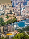 Collage of View of Malaga with bullring and harbor. Spain