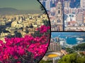 Collage of View of Malaga with bullring and harbor. Spain