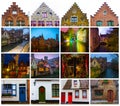 The collage from views of historic medieval buildings along a canal in Bruges, Belgium Royalty Free Stock Photo