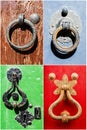 Collage of vintage iron handles on old doors