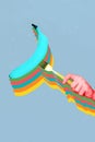 Collage visual effect image illustration of colorful banana fork utensil 3d picture artwork sketch design isolated on