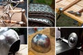 Collage weapons and ammunition medieval warrior assorted six blocks contains armor, helmet and weapon Royalty Free Stock Photo