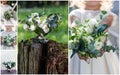 Collage of wedding images - flowergirl and bouquet of white flowers. Royalty Free Stock Photo