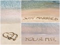 Collage of wedding messages written on sand