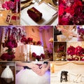 Collage of wedding photos. Bridal bouquet, dress, beautiful decoration, flowers and floral, ceremony Royalty Free Stock Photo