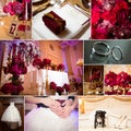 Collage of wedding photos. Bridal bouquet, dress, beautiful decoration, flowers and floral, ceremony Royalty Free Stock Photo