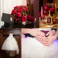 Collage of wedding photos. Bridal bouquet, dress, beautiful decoration, flowers and floral, ceremony Royalty Free Stock Photo