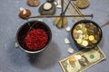 Collage with weights, red, round pepper and money.