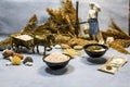 Collage with weights, sea iodized salt and money. Royalty Free Stock Photo