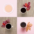 Collage of white cup of coffee on a beige and pink background with autumn leaves.