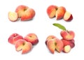 Collage with whole and cut flat peaches on white background Royalty Free Stock Photo