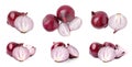 Collage with whole and cut red onions on white background Royalty Free Stock Photo