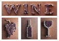 Collage of wine corks, bottle, grapes, glass, word wine