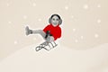 Collage winter holidays atmosphere funky girl riding sledge snowing weather outside woman wear fluffy earmuffs isolated