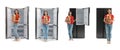 Collage of woman with bag of groceries near open empty refrigerators on background Royalty Free Stock Photo