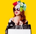 Collage of woman with bags and flowers Royalty Free Stock Photo