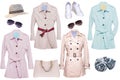 Collage woman clothes. Set of four luxurious and stylish elegant female trendy bright trench coats, sneaker, handbag and