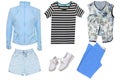Collage woman clothes. Set of a sporty stylish and trendy women jacket, a blouse or shirt, white shoes, a shorts and a folded Royalty Free Stock Photo