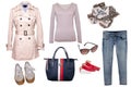 Collage woman clothes. Set of a stylish and trendy women coat, a blouse or shirt, white shoes, a handbag, a jeans and other Royalty Free Stock Photo