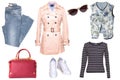 Collage woman clothes. Set of a stylish and trendy women coat, a blouse or shirt, white shoes, a handbag, a jeans and other Royalty Free Stock Photo