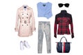 Collage woman clothes. Set of a stylish and trendy women coat, a blouse or shirt, white shoes, a sweater, a handbag, a denim pants Royalty Free Stock Photo