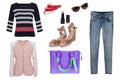Collage woman clothes. Set of stylish and trendy women jeans, blouse or shirt, golden shoes, a handbag and other accessories Royalty Free Stock Photo