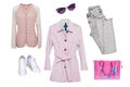 Collage woman clothes. Set of stylish and trendy women jeans, blouse or shirt, white shoes, a pink coat, a handbag and other Royalty Free Stock Photo