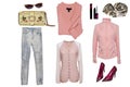 Collage woman clothes. Set of a stylish and trendy women jeans, pink blouse or shirt, red high-heeles, pink jacket, sweater and Royalty Free Stock Photo