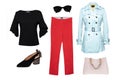 Collage woman clothes. Set of a stylish and trendy women trousers, black blouse or shirt, black high-heeles, pink handbag, coat Royalty Free Stock Photo