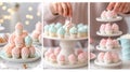 A collage of a woman decorating cupcakes on three different plates, AI