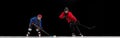 Collage of woman and girl, professional hockey players in motion, training isolated over black background Royalty Free Stock Photo