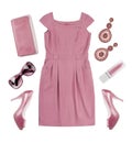 Collage of woman pink summer dress and accessories on white Royalty Free Stock Photo