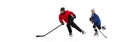 Collage of woman and teen girl, hockey players in motion, training isolated over white background Royalty Free Stock Photo