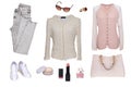 Collage women clothing. Set of stylish and trendy women blouses, jeans, handbag, sneaker and accessories isolated on a white Royalty Free Stock Photo