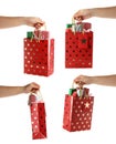 Collage of women holding shopping bags with gifts on white background, closeup Royalty Free Stock Photo