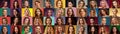 Collage of women and men faces expressing different facial emotions, smiling, unsmiling. Posing on colorful backgrounds Royalty Free Stock Photo