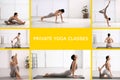 Collage of women practicing poses and text Private Yoga Classes